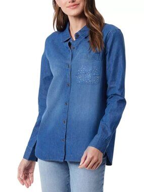 NWT Gloria Vanderbilt Women's Embellished Chambray Shirt Size S 100% Cotton